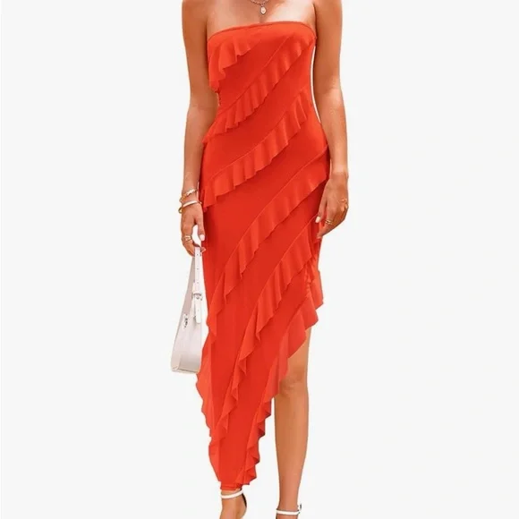 Strapless Ruffled Orange Maxi Dress - Picture 3 of 3